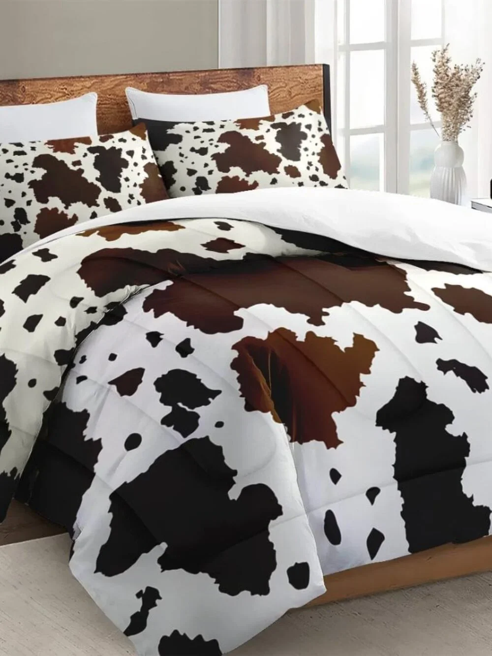 Queen Comforter Set, 3 Pieces Cowhide Cow Bedding, All Season | Western Farmhous